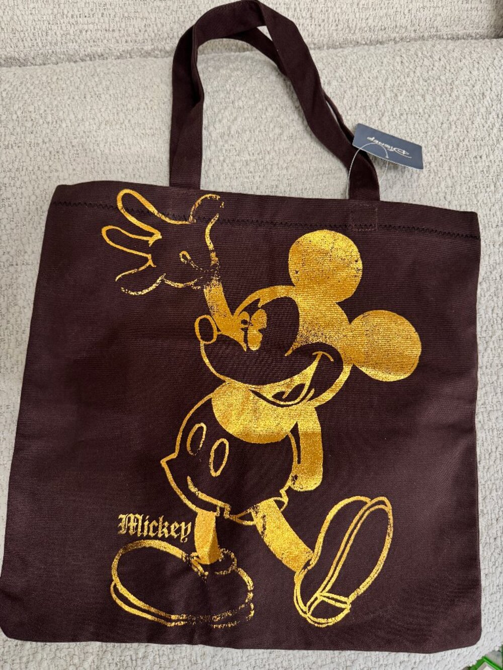 Disney Mickey Mouse Classic Retro Gold Metallic Brown Canvas Tote NWT